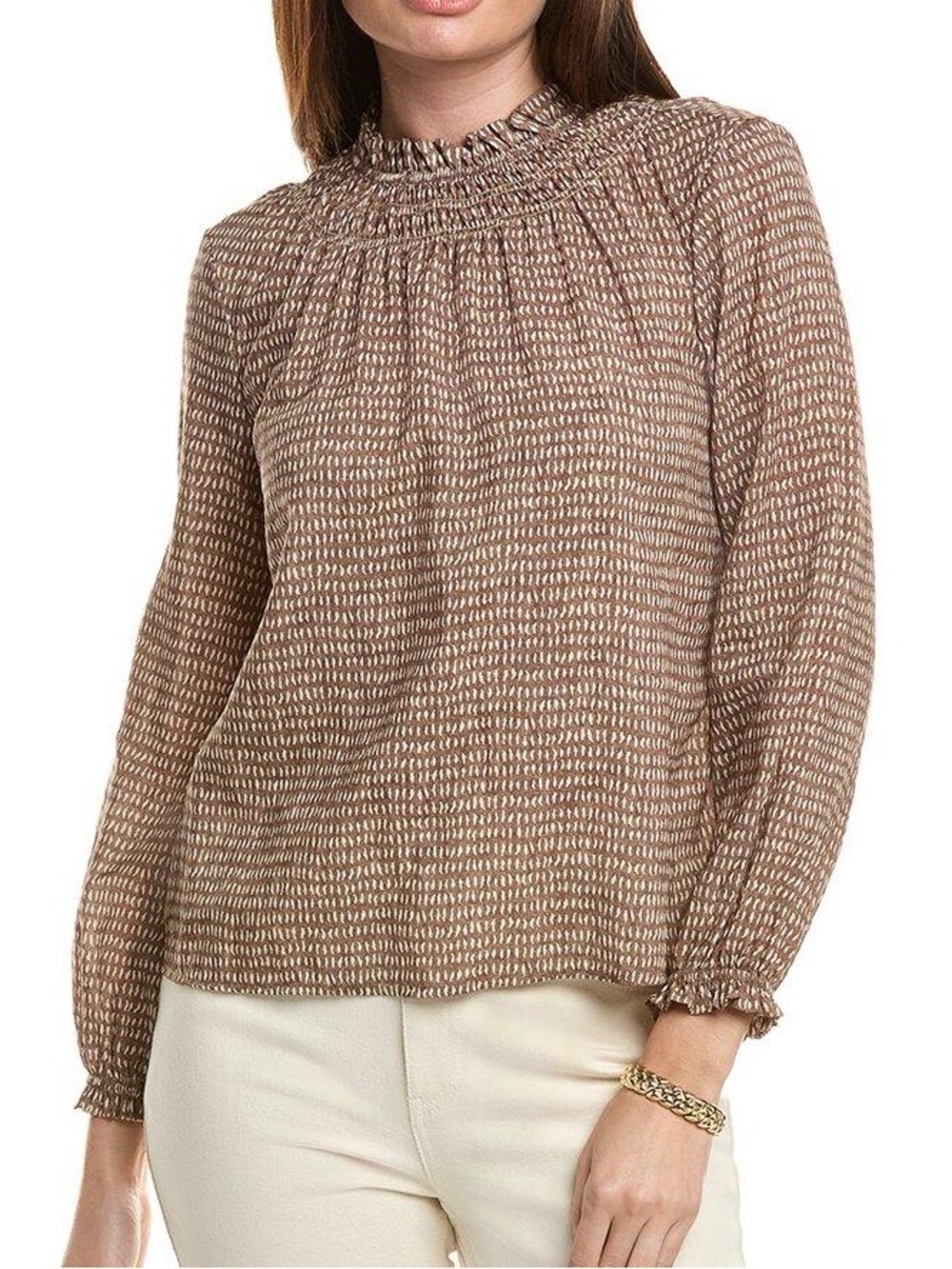 J.McLaughlin Antonia Blouse Small Brown Cream Ruffled Neck Coastal Chic